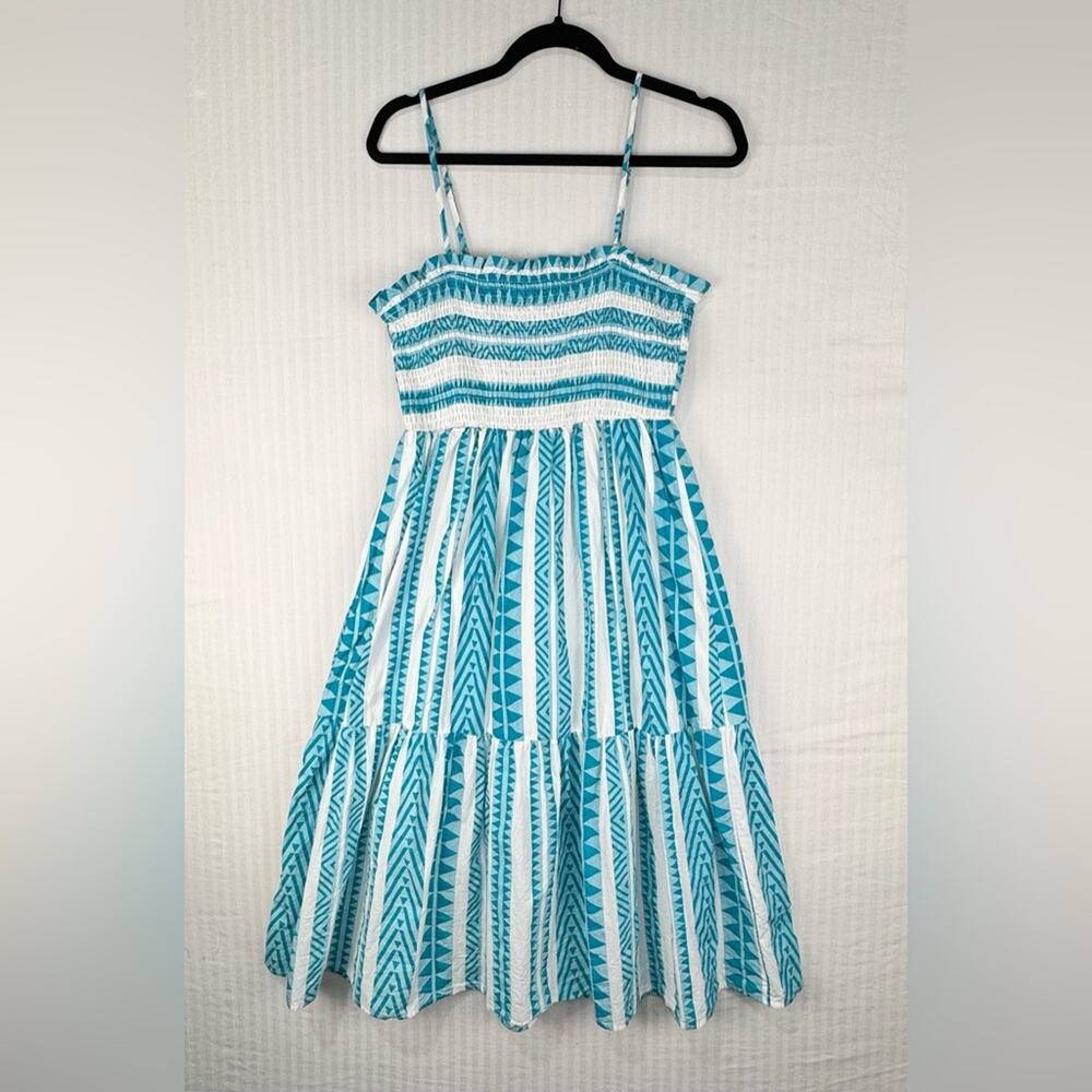 Umgee Teal Blue/White Aztec Print Smocked Bust Tiered Midi Sundress Size Medium